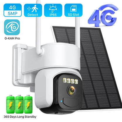 4G Solar-Powered Outdoor Security Camera with PIR Human Detection, 8MP/5MP/2MP Resolution, Cloud P2P, O-KAM App Control, Two-Way Audio, Battery Operated