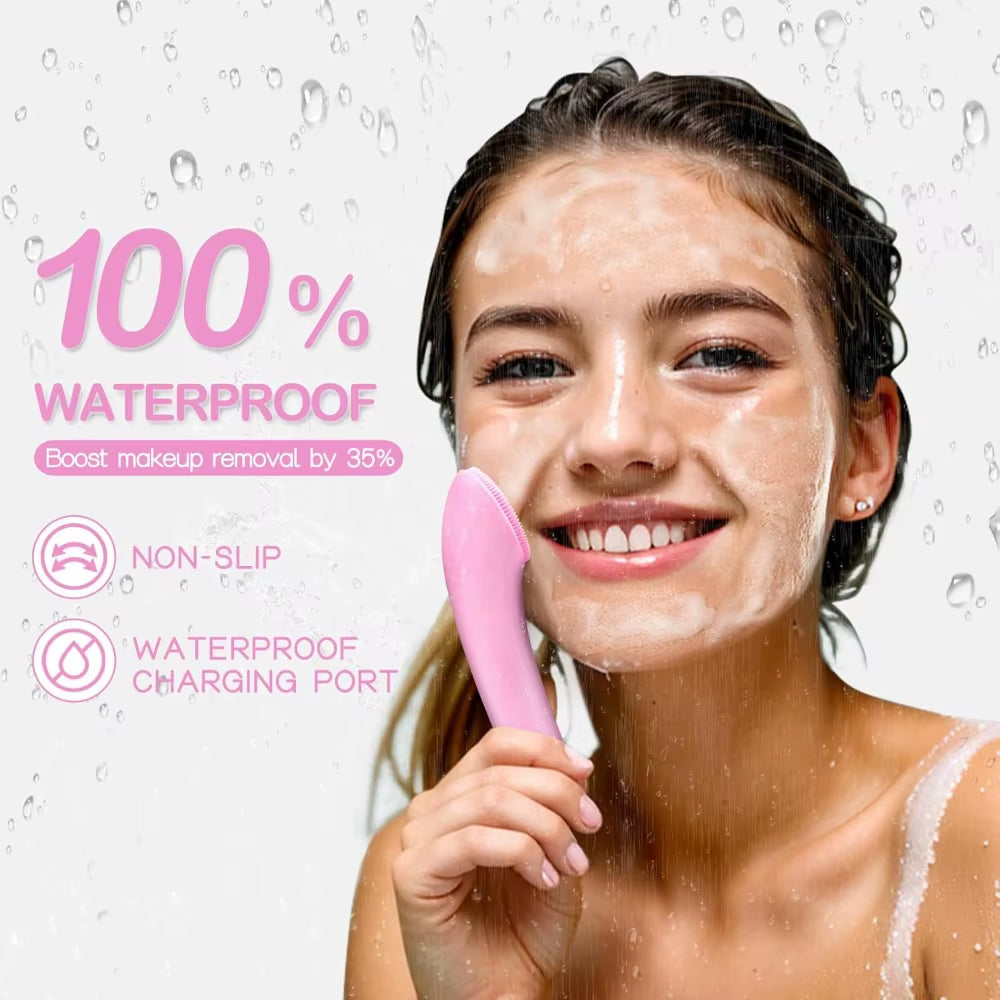 Rechargeable Silicone Facial Cleansing Brush with Heat Massage - Waterproof Face Scrubber for Men and Women in Pink