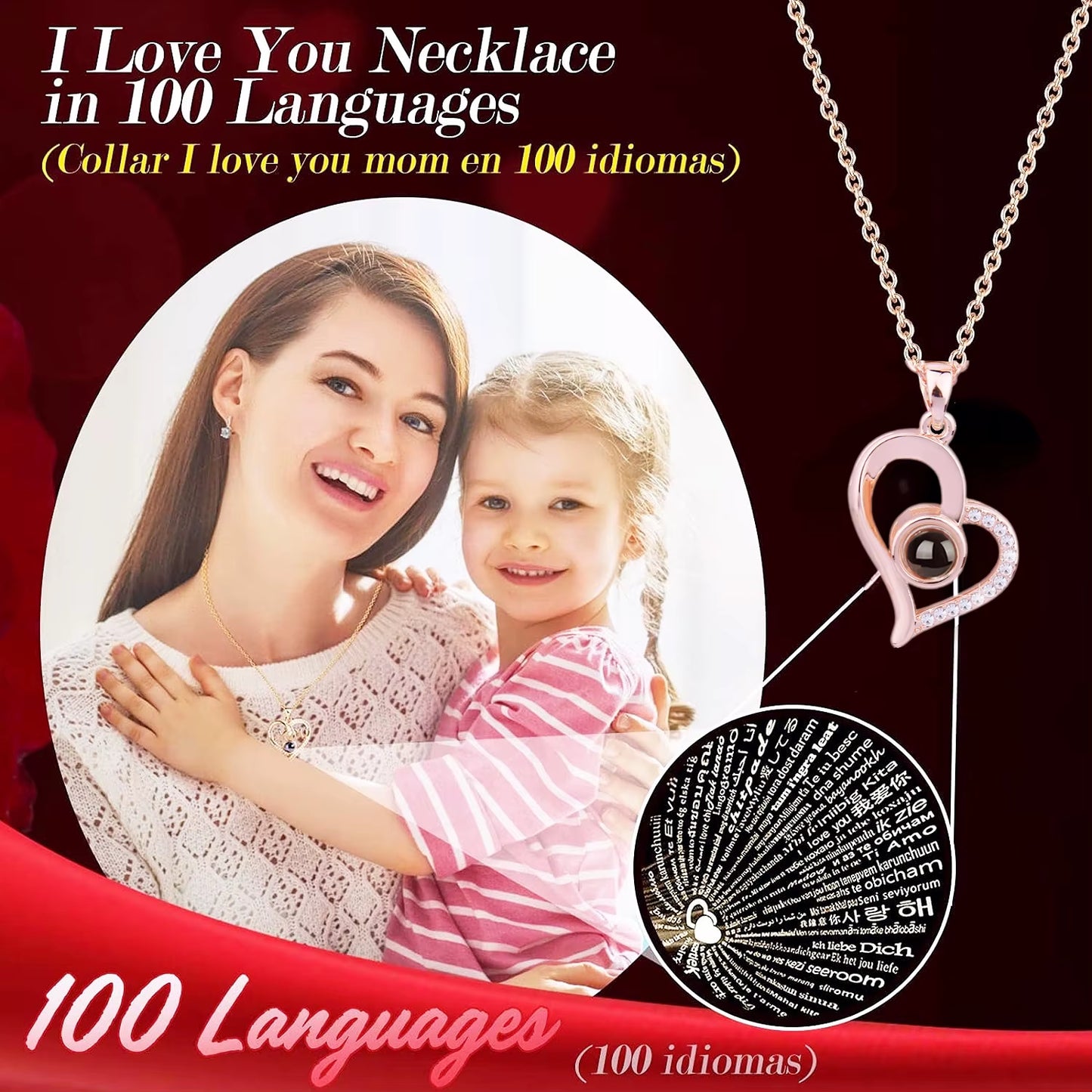 Eternal Rose Bear Box with Necklace Projection 100 Languages I Love You Heart Pendant Jewelry Mother'S Day Gift for Mom Birthday