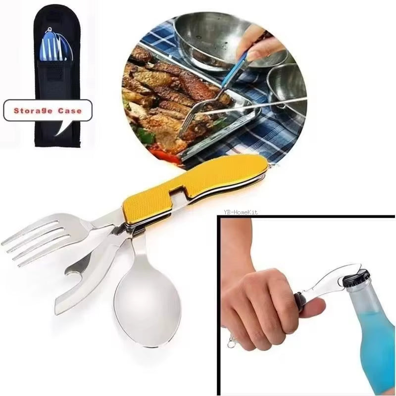 4-in-1 Stainless Steel Camping Utensils - Folding Pocket Cutlery Set for Hiking and Travel