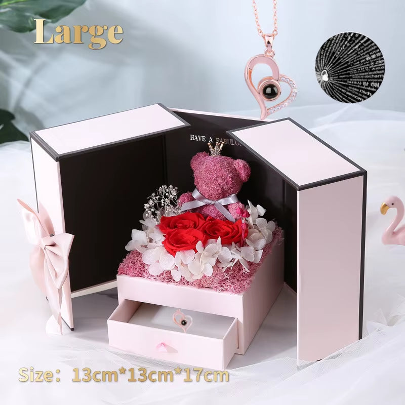 Eternal Rose Bear Box with Necklace Projection 100 Languages I Love You Heart Pendant Jewelry Mother'S Day Gift for Mom Birthday