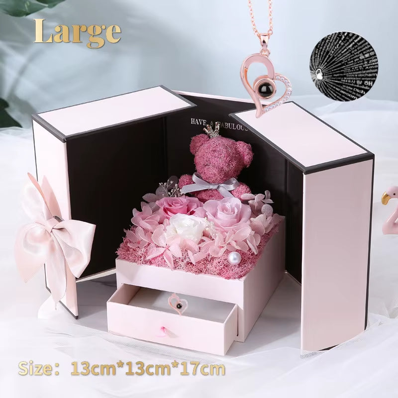 Eternal Rose Bear Box with Necklace Projection 100 Languages I Love You Heart Pendant Jewelry Mother'S Day Gift for Mom Birthday