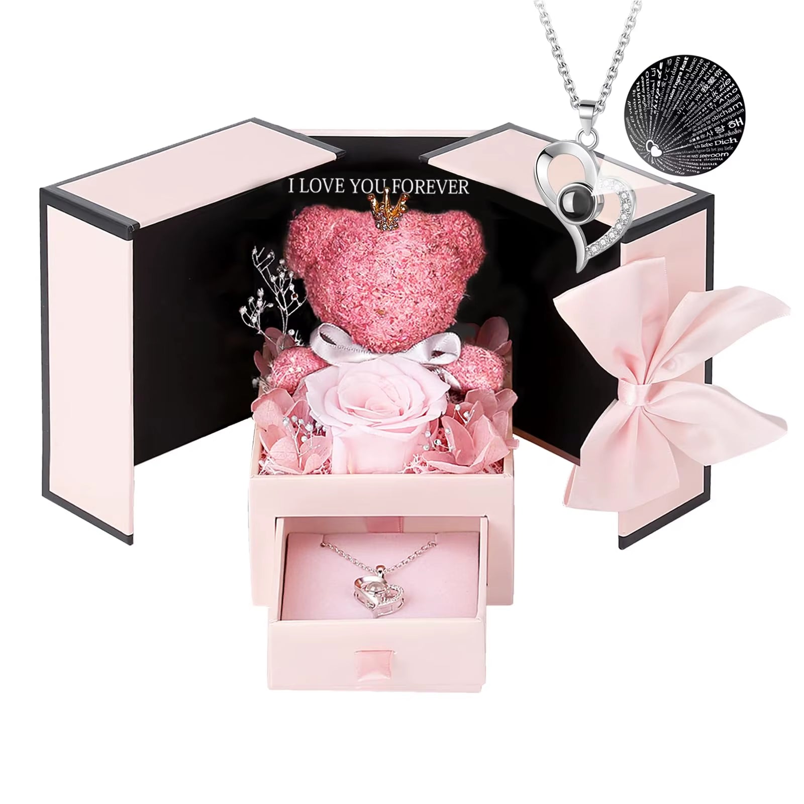 Eternal Rose Bear Box with Necklace Projection 100 Languages I Love You Heart Pendant Jewelry Mother'S Day Gift for Mom Birthday