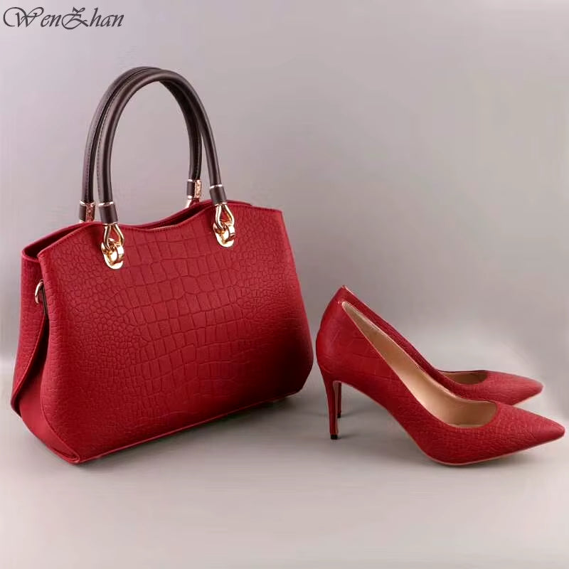 Top Grade Leather Woman Soft Shoes and Hand Bag Set Nice Style High Heels Shoes and Bag Set Size 36-43 High Quality