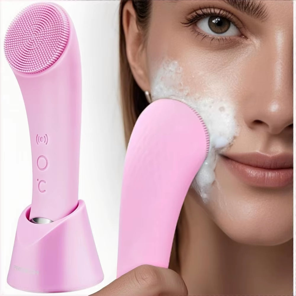 Rechargeable Silicone Facial Cleansing Brush with Heat Massage - Waterproof Face Scrubber for Men and Women in Pink