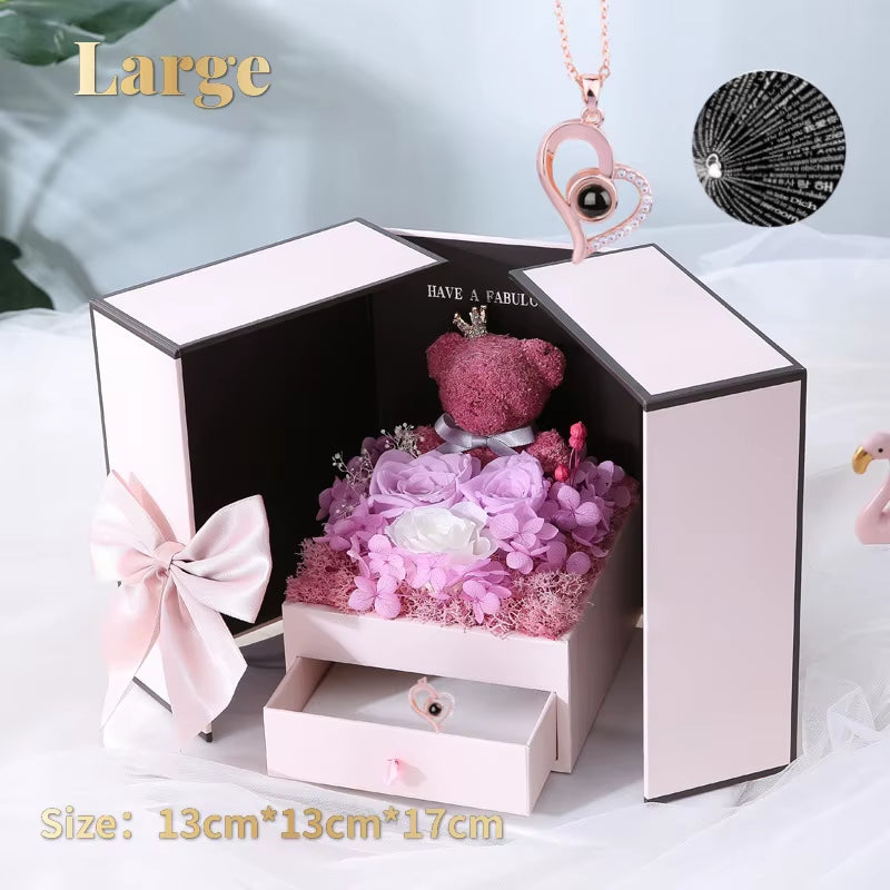 Eternal Rose Bear Box with Necklace Projection 100 Languages I Love You Heart Pendant Jewelry Mother'S Day Gift for Mom Birthday