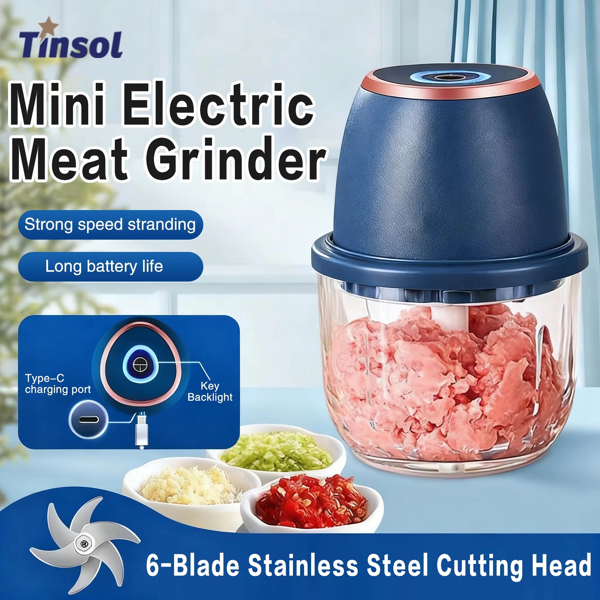 TINSOL 350Ml Mini Food Chopper Electric Meat Grinder Garlic Press USB Multi-Function Slicer Blender Kitchen Food Processor